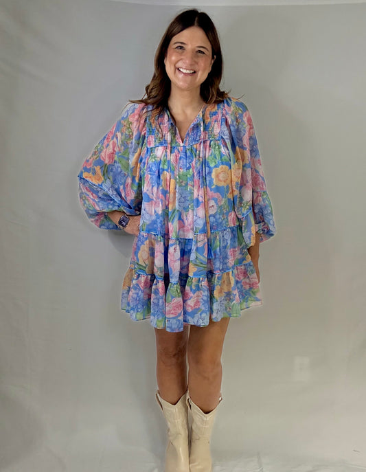 The Dressy Blue Flower Mini Dress - Triple Charm Boutique