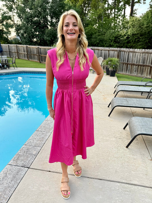 The Pink Gold Zip Midi Dress