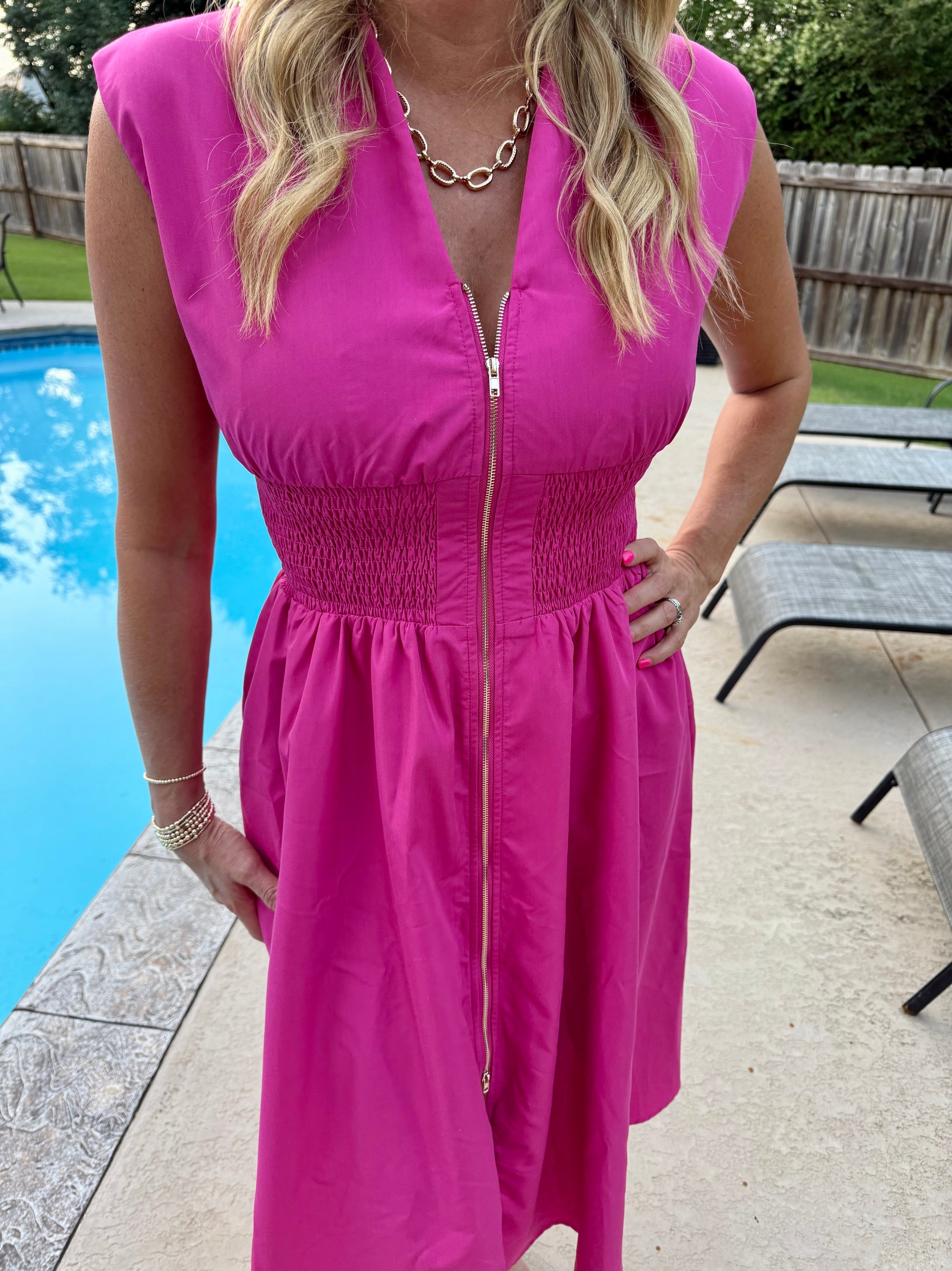 The Pink Gold Zip Midi Dress - Triple Charm Boutique