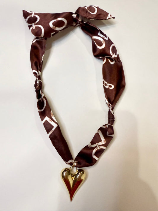 Scarf Heart Necklace in Brown Chain Print - Triple Charm Boutique
