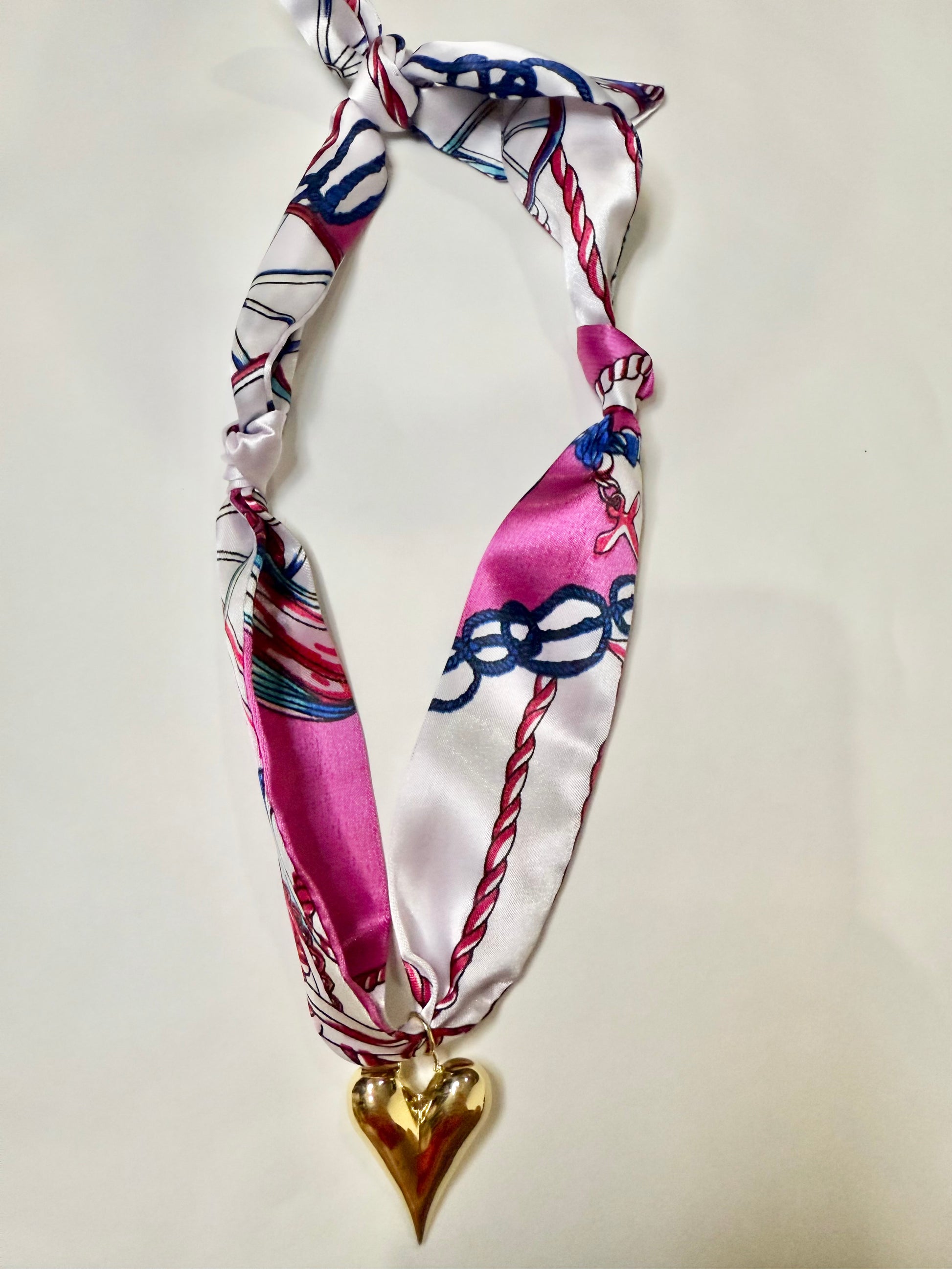 Scarf Heart Necklace in Cream, Pink, & Blue Chain Print - Triple Charm Boutique