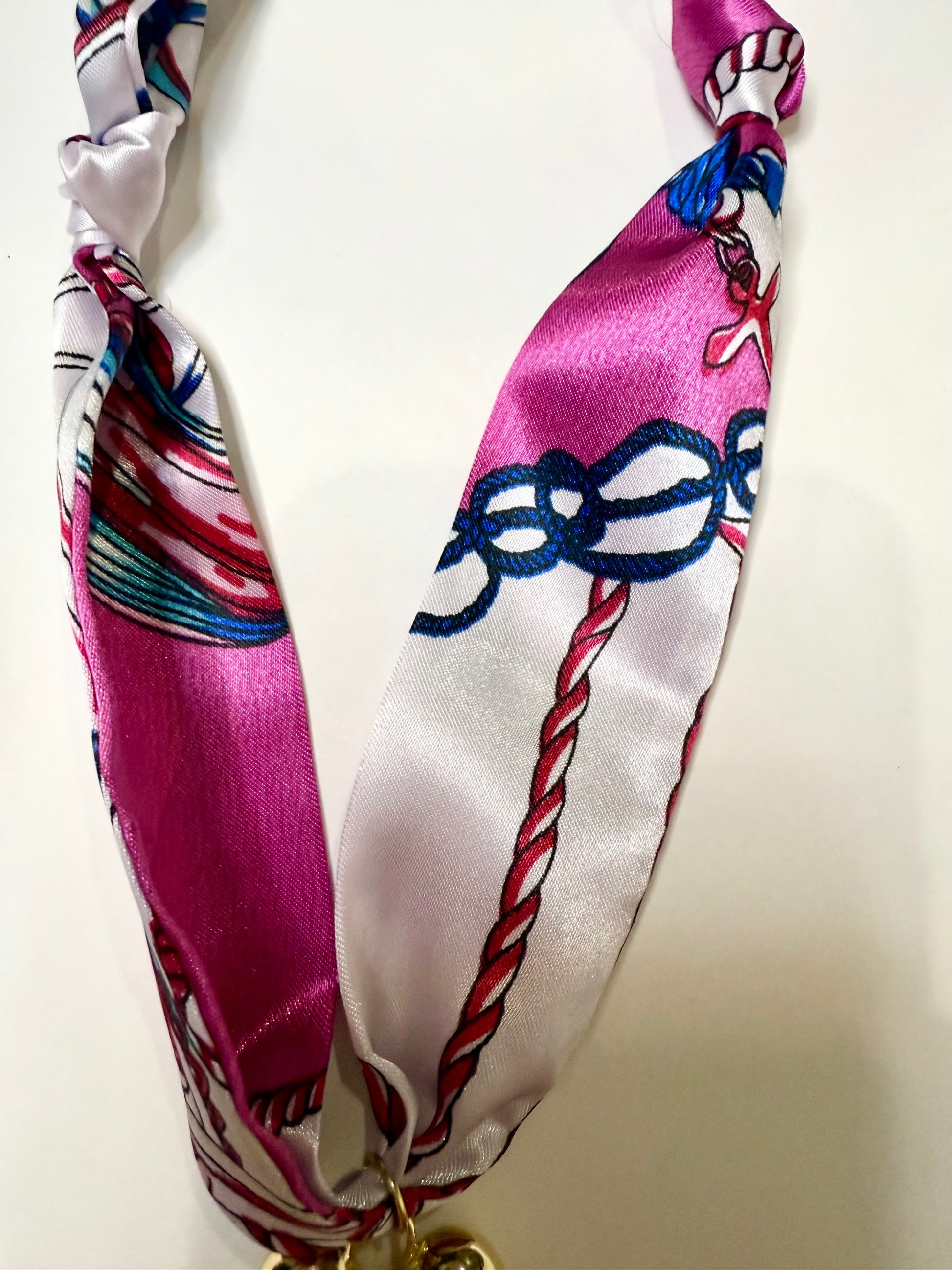 Scarf Heart Necklace in Cream, Pink, & Blue Chain Print - Triple Charm Boutique