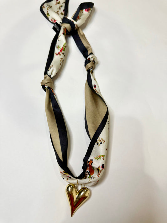 Scarf Heart Necklace in Cream & Black Floral Print - Triple Charm Boutique
