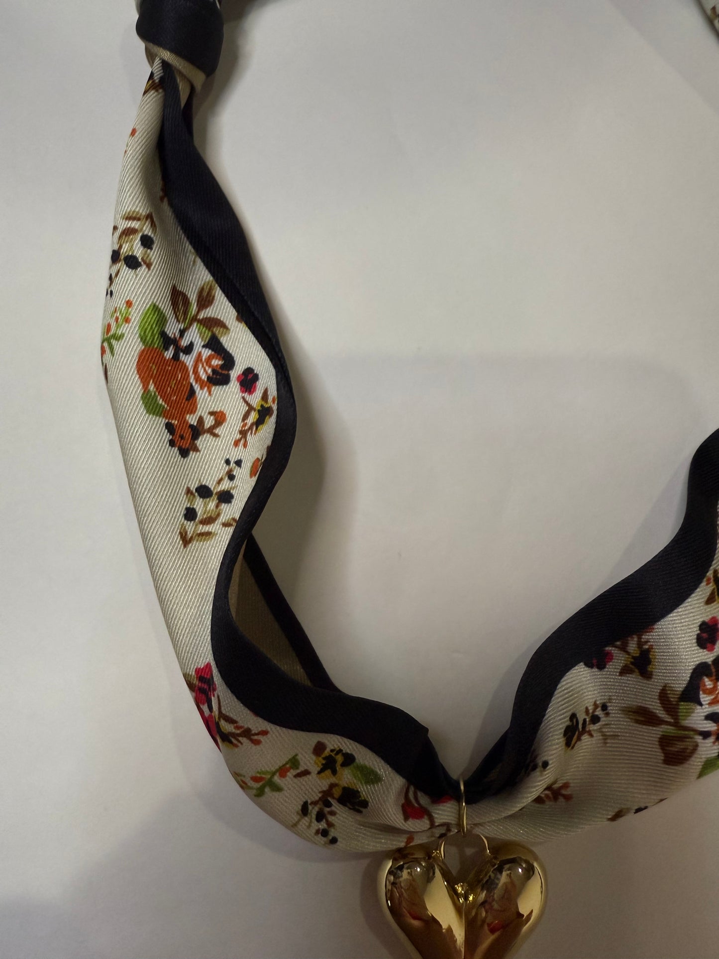 Scarf Heart Necklace in Cream & Black Floral Print - Triple Charm Boutique