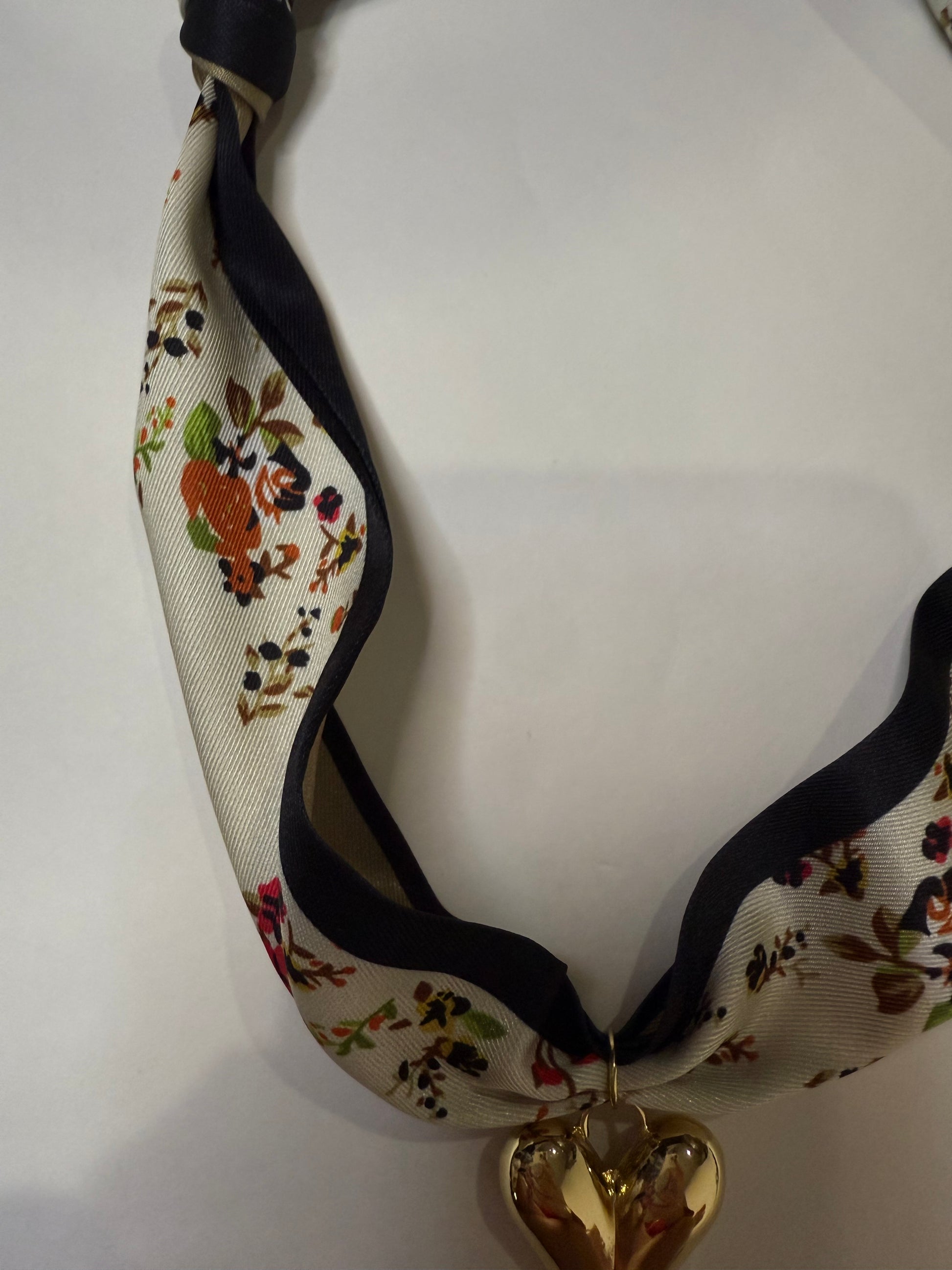 Scarf Heart Necklace in Cream & Black Floral Print - Triple Charm Boutique