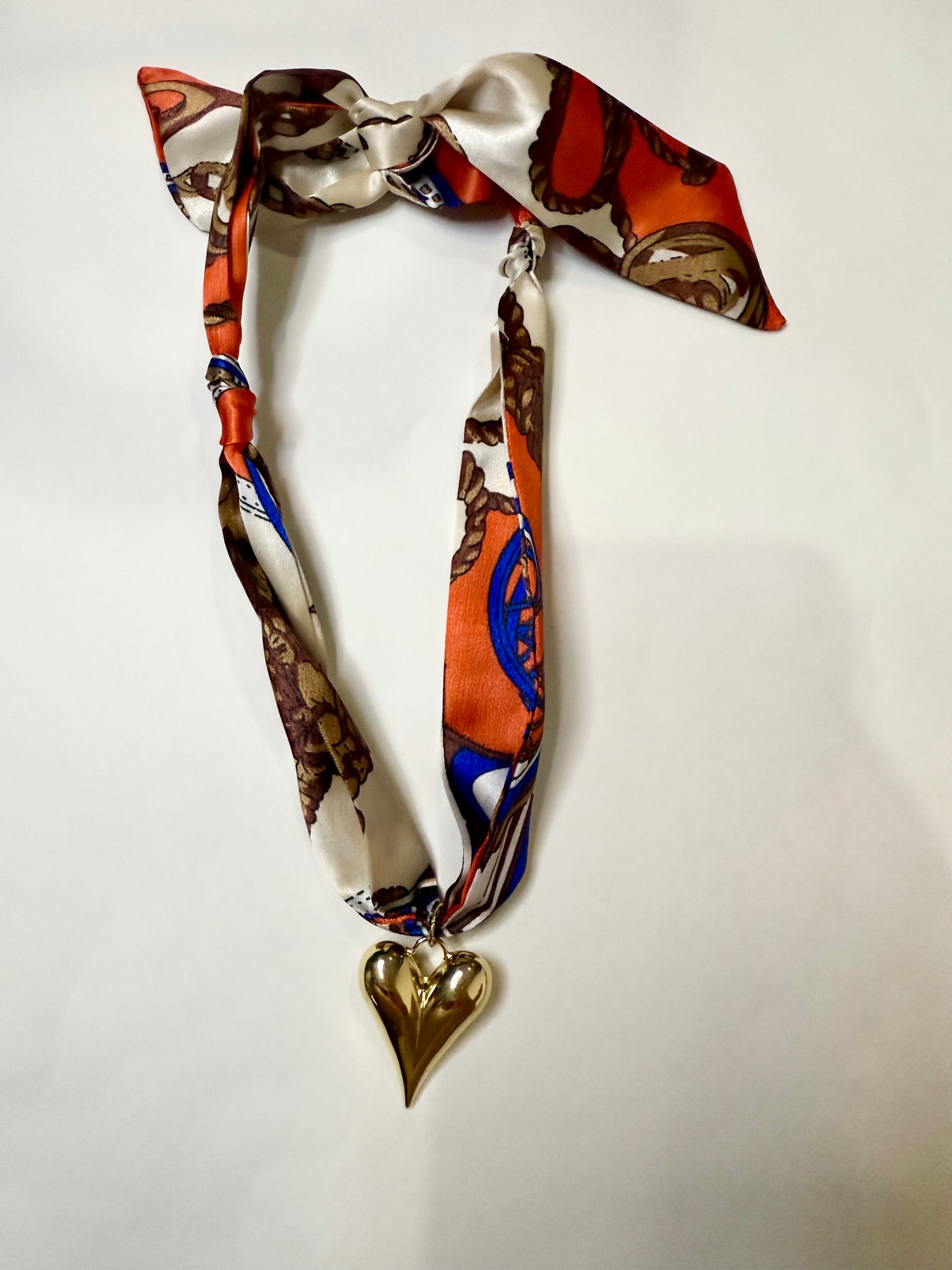 Scarf Heart Necklace in Orange & Blue Multi Print - Triple Charm Boutique
