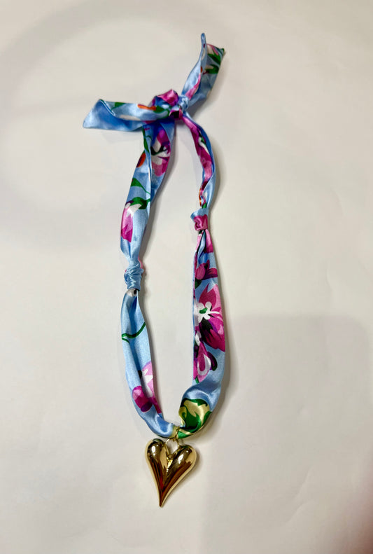 Scarf Gold Heart Tie Necklace in Blue Floral - Triple Charm Boutique