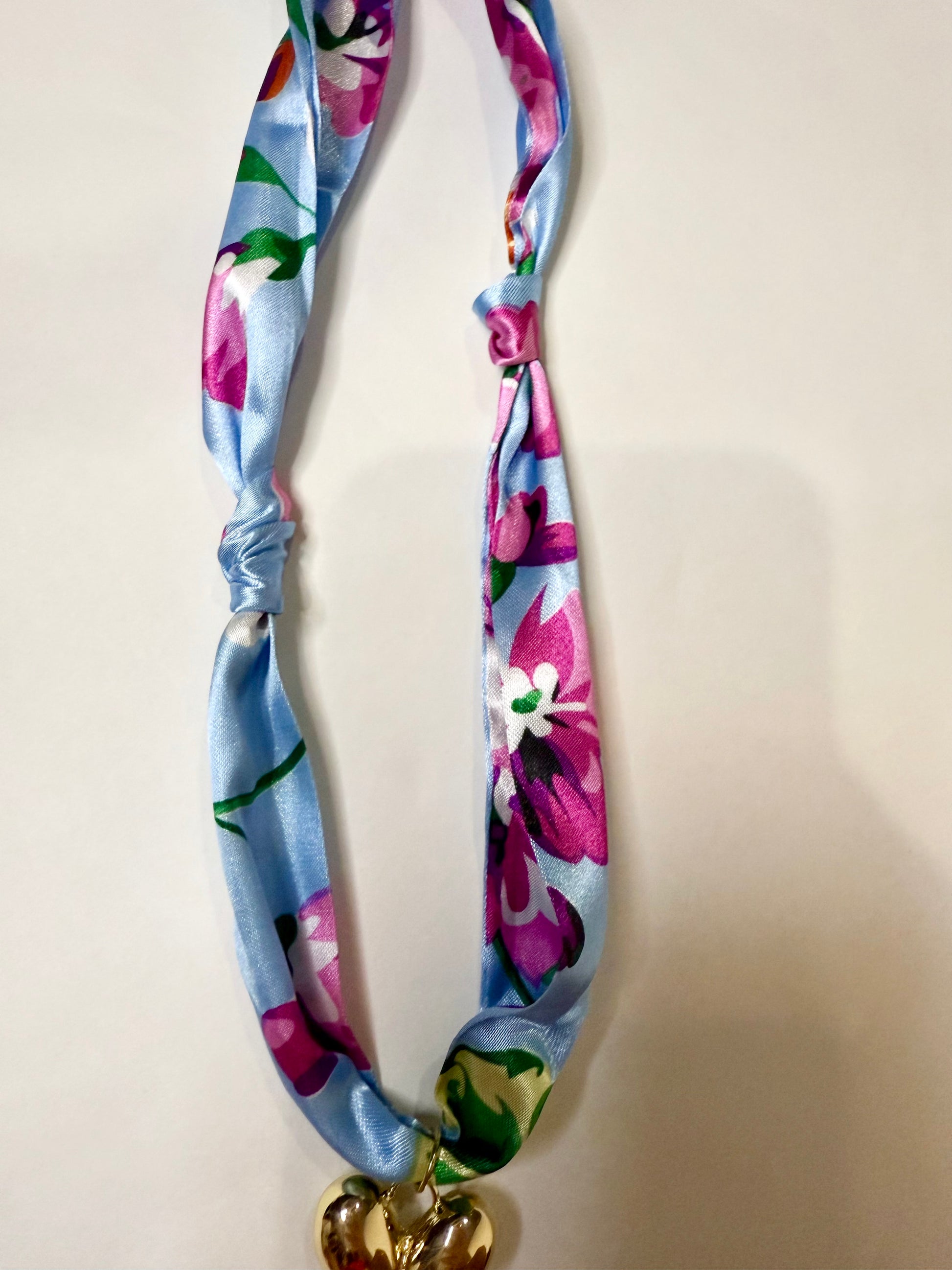 Scarf Gold Heart Tie Necklace in Blue Floral - Triple Charm Boutique