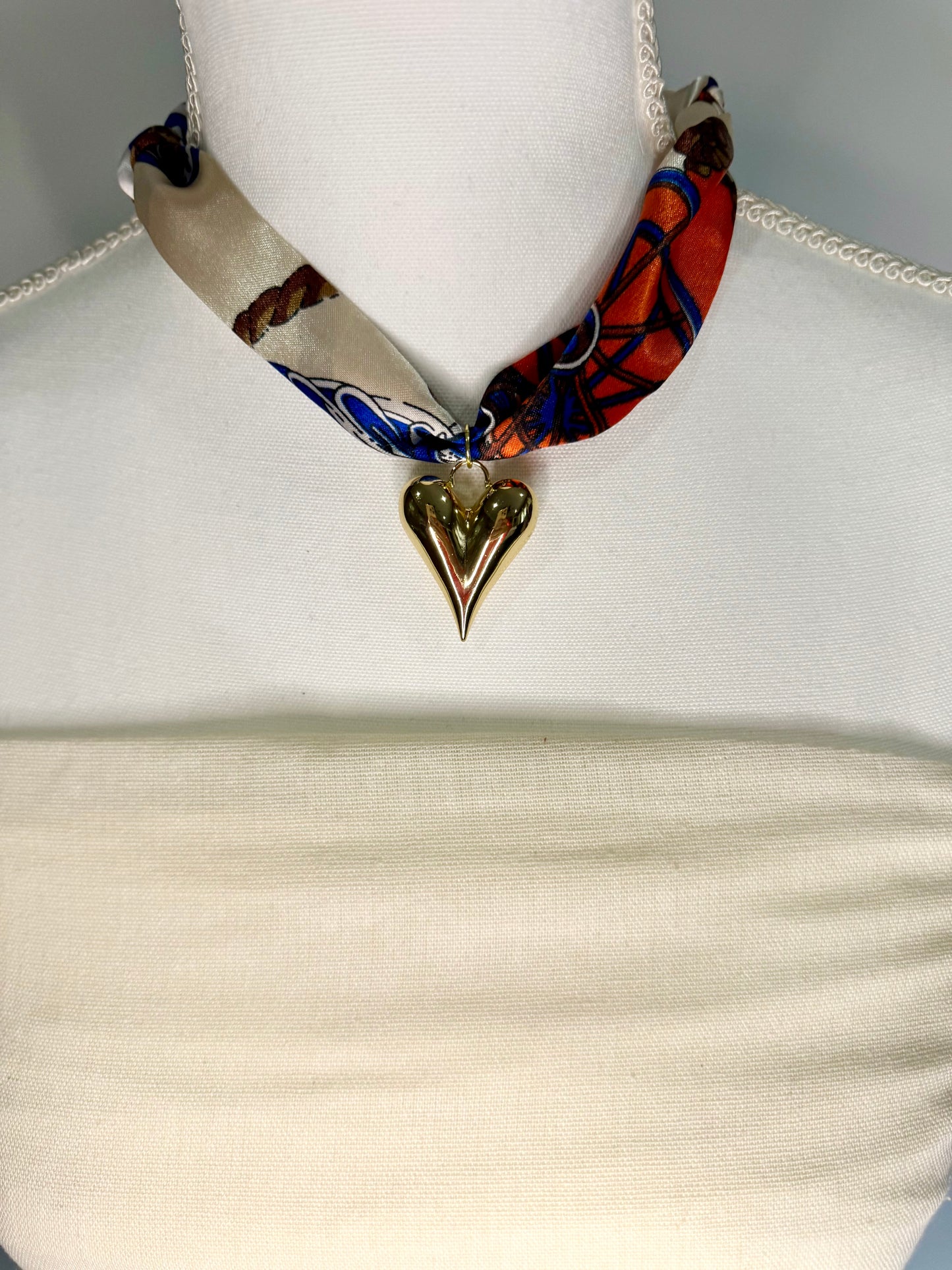 Scarf Heart Necklace in Orange & Blue Multi Print - Triple Charm Boutique