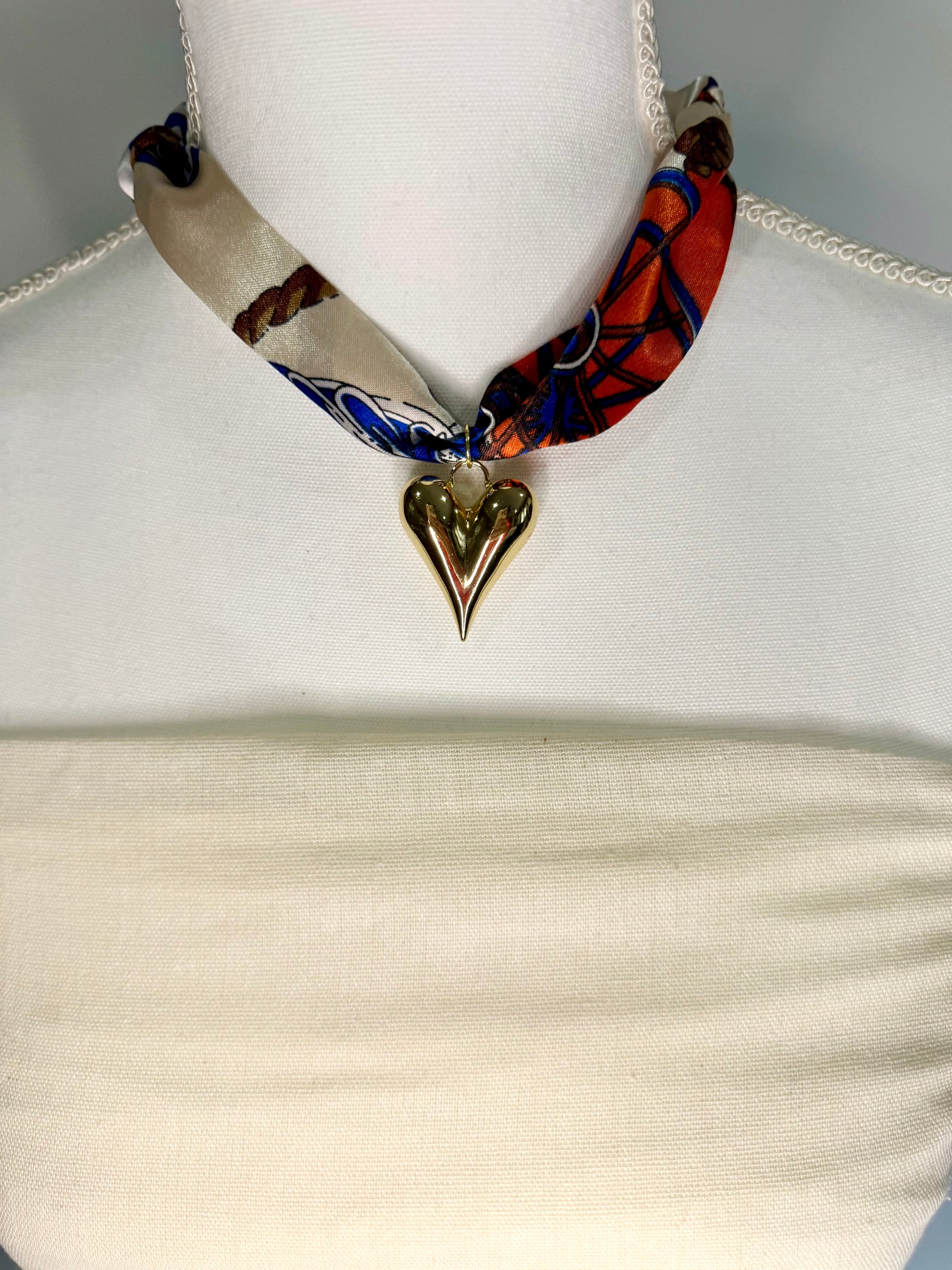 Scarf Heart Necklace in Orange & Blue Multi Print - Triple Charm Boutique