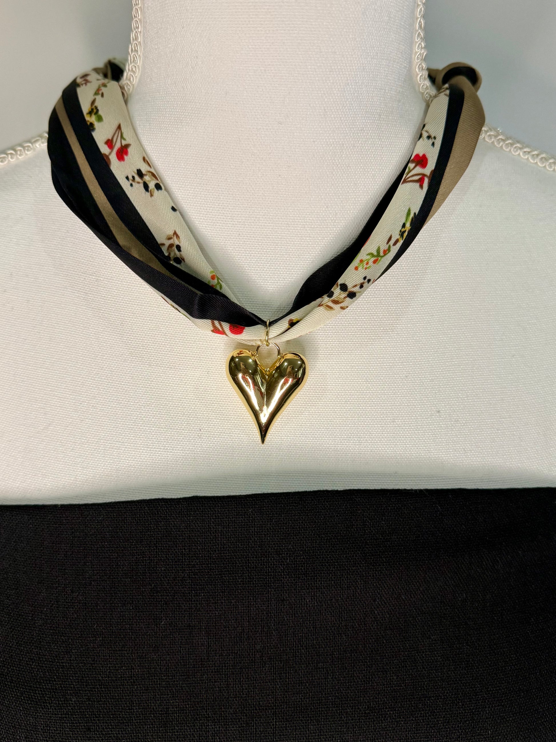 Scarf Heart Necklace in Cream & Black Floral Print - Triple Charm Boutique