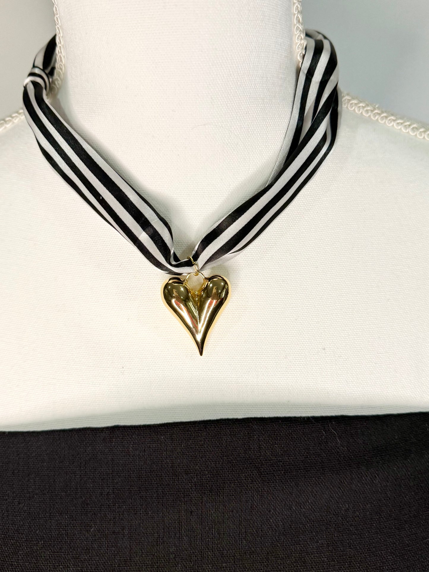 Scarf Heart Necklace in Black Stripe Print - Triple Charm Boutique