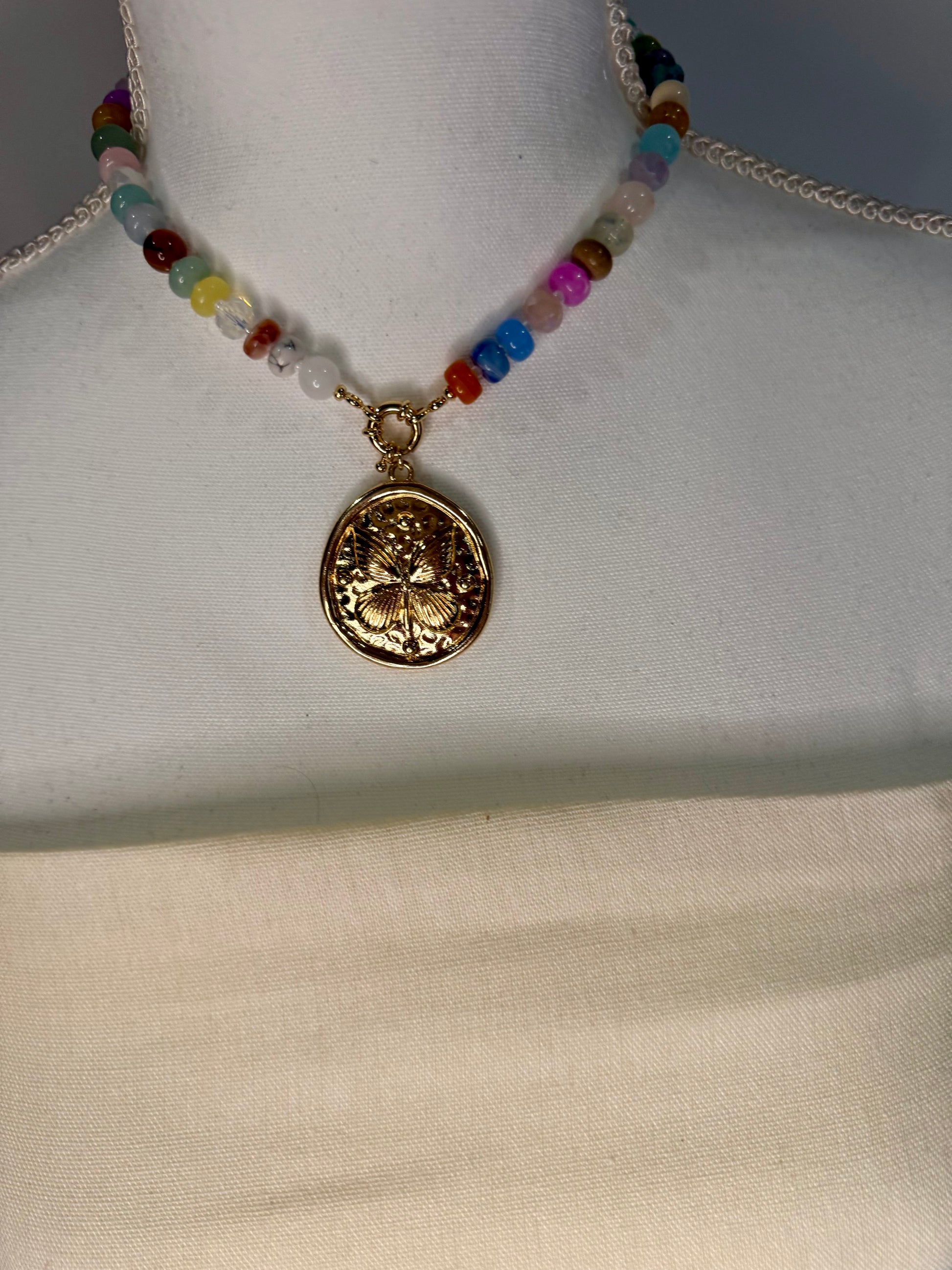 Butterfly Gold Charm Multi Stone Necklace - Triple Charm Boutique