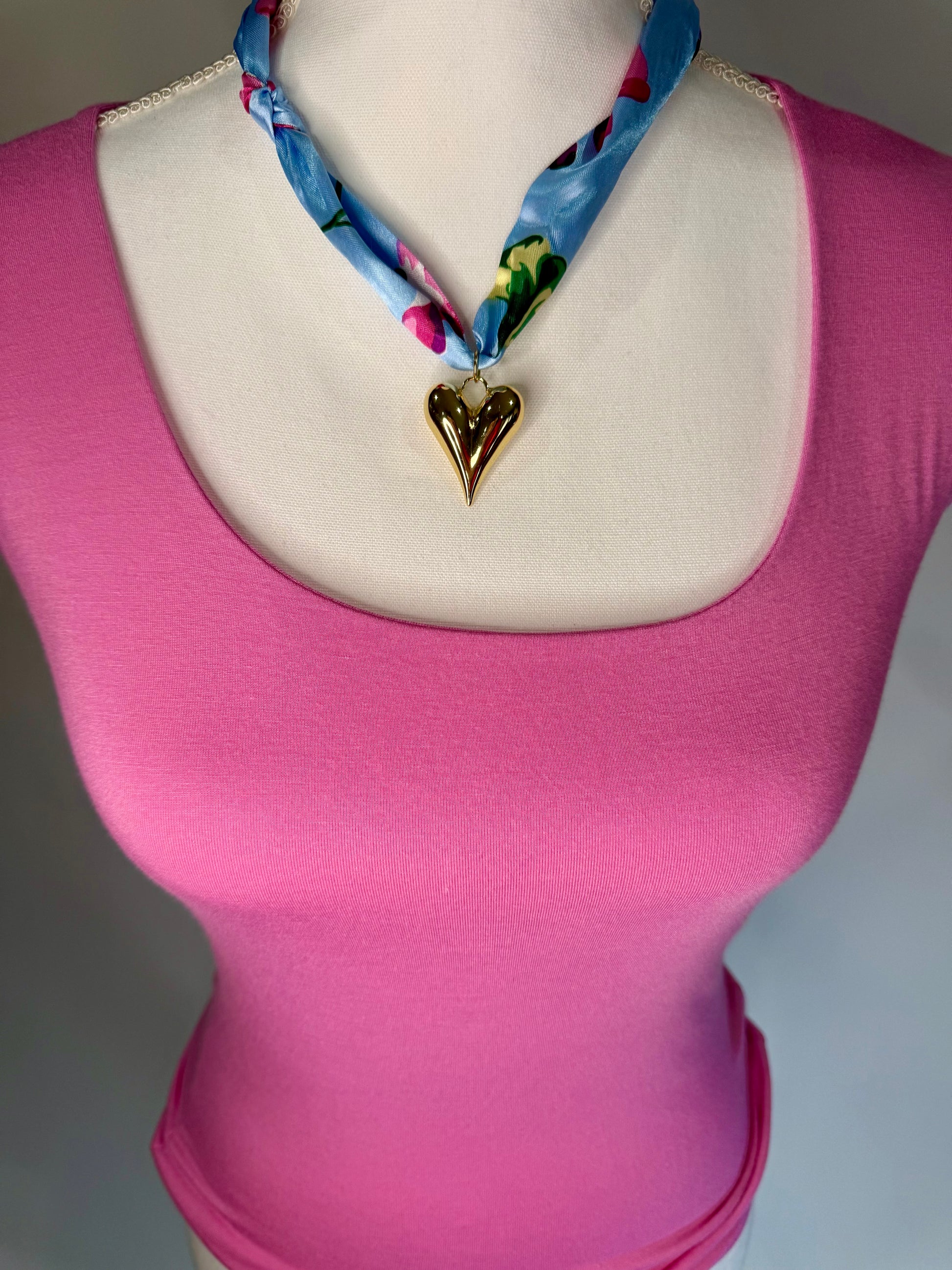 Scarf Gold Heart Tie Necklace in Blue Floral - Triple Charm Boutique