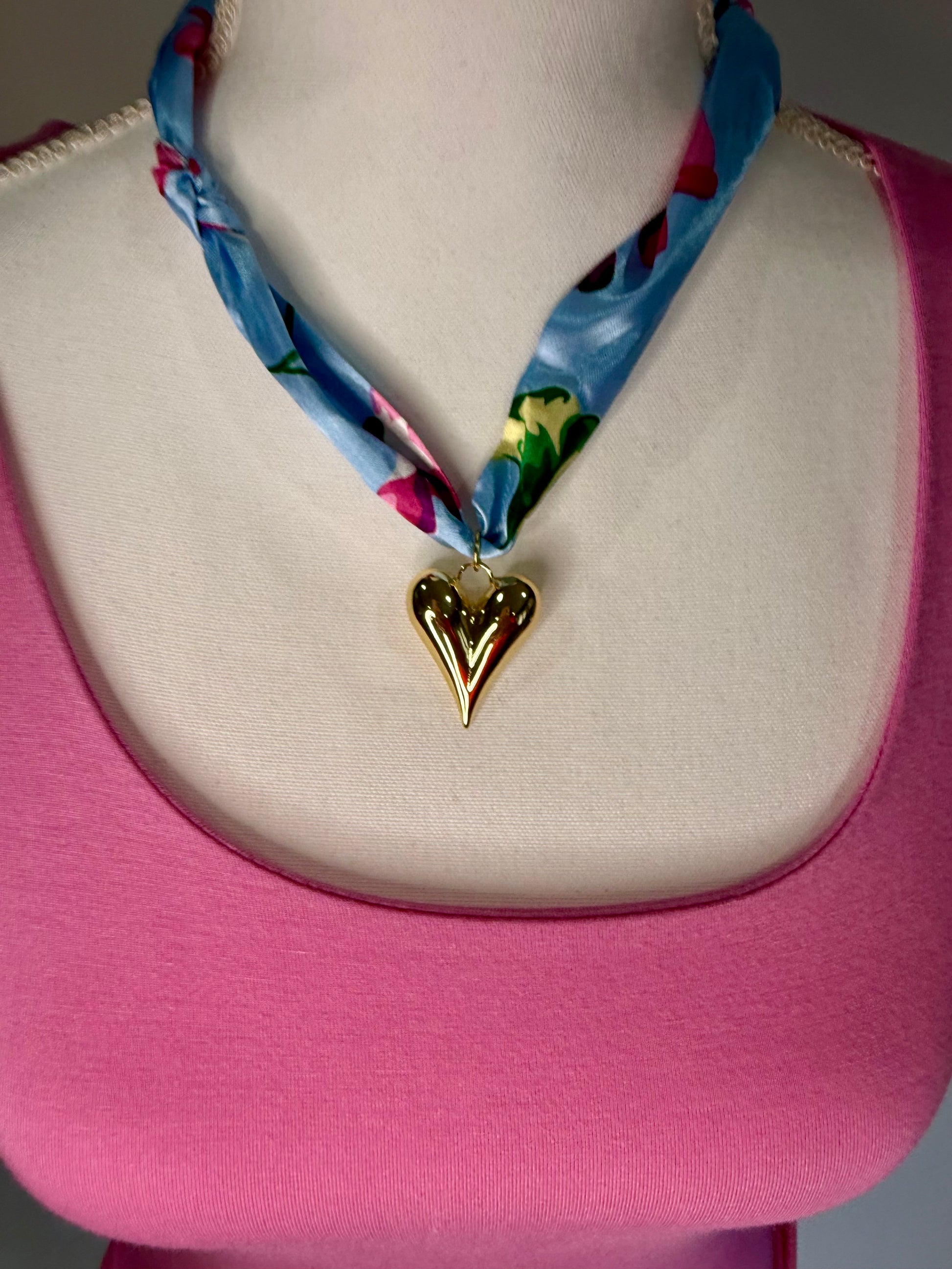 Scarf Gold Heart Tie Necklace in Blue Floral - Triple Charm Boutique
