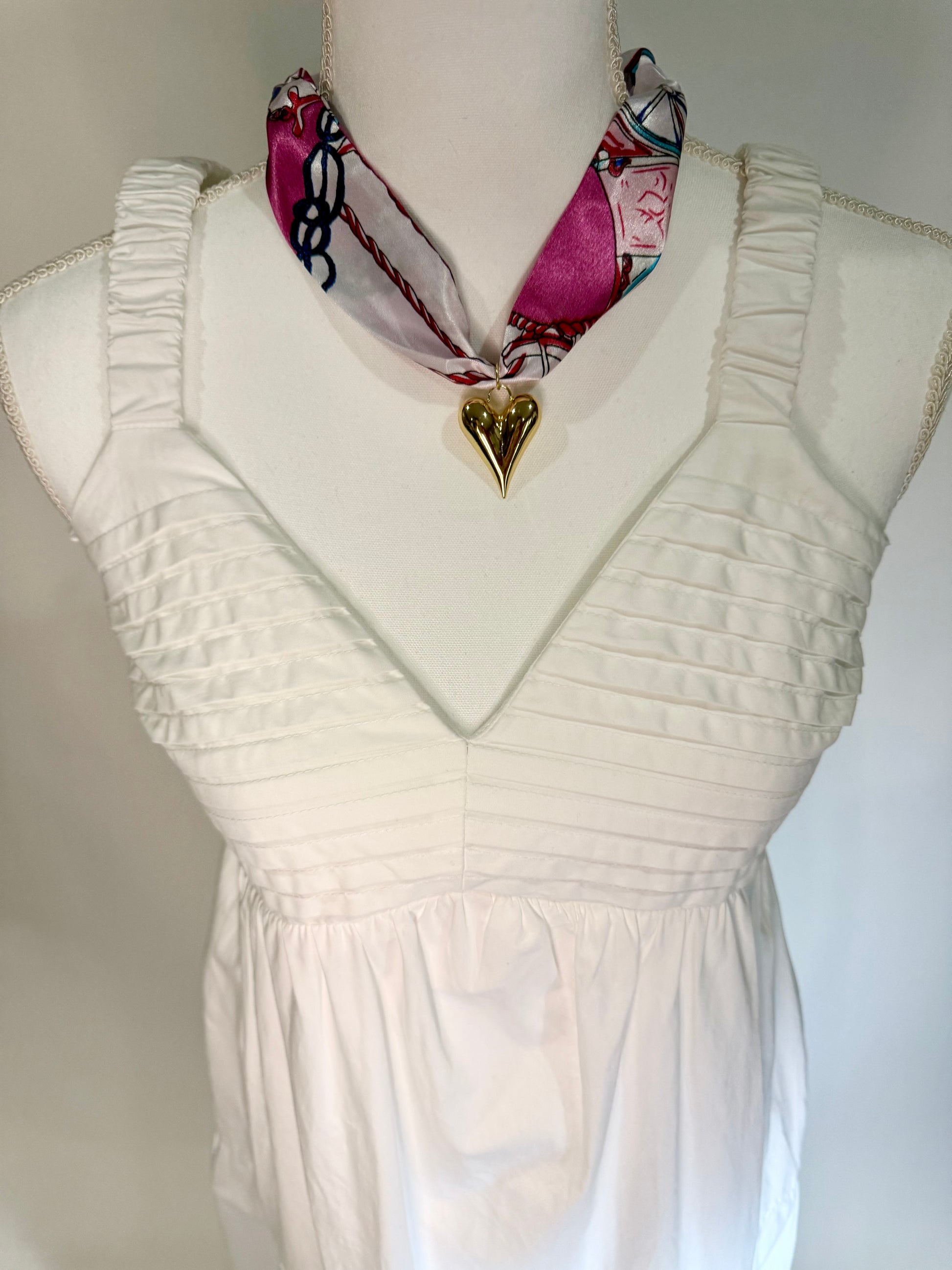 Scarf Heart Necklace in Cream, Pink, & Blue Chain Print - Triple Charm Boutique