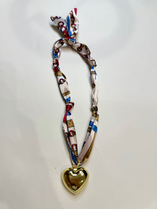 The Gold Plated Heart Scarf Necklace in blue & white chain link print - Triple Charm Boutique