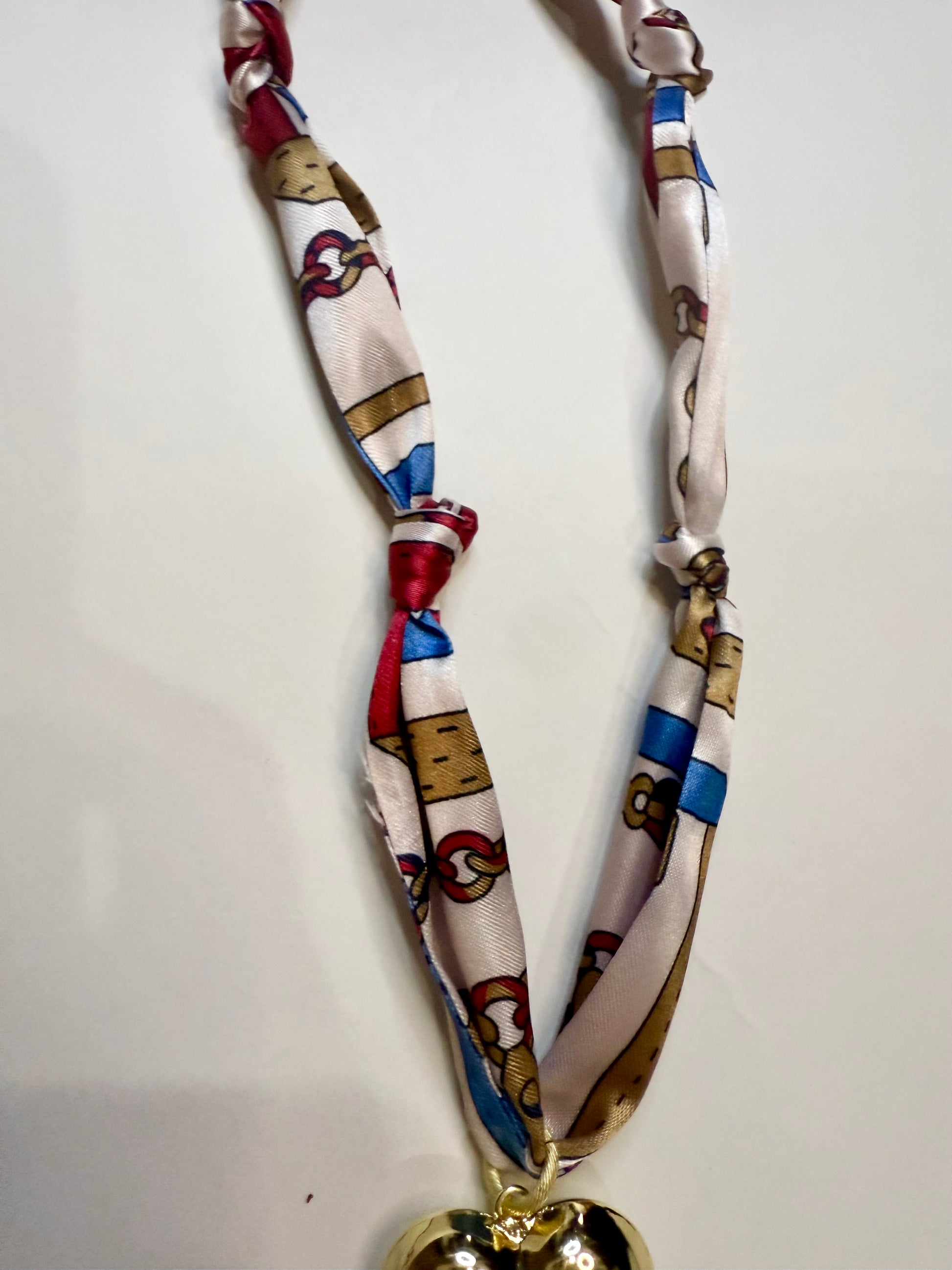 The Gold Plated Heart Scarf Necklace in blue & white chain link print - Triple Charm Boutique