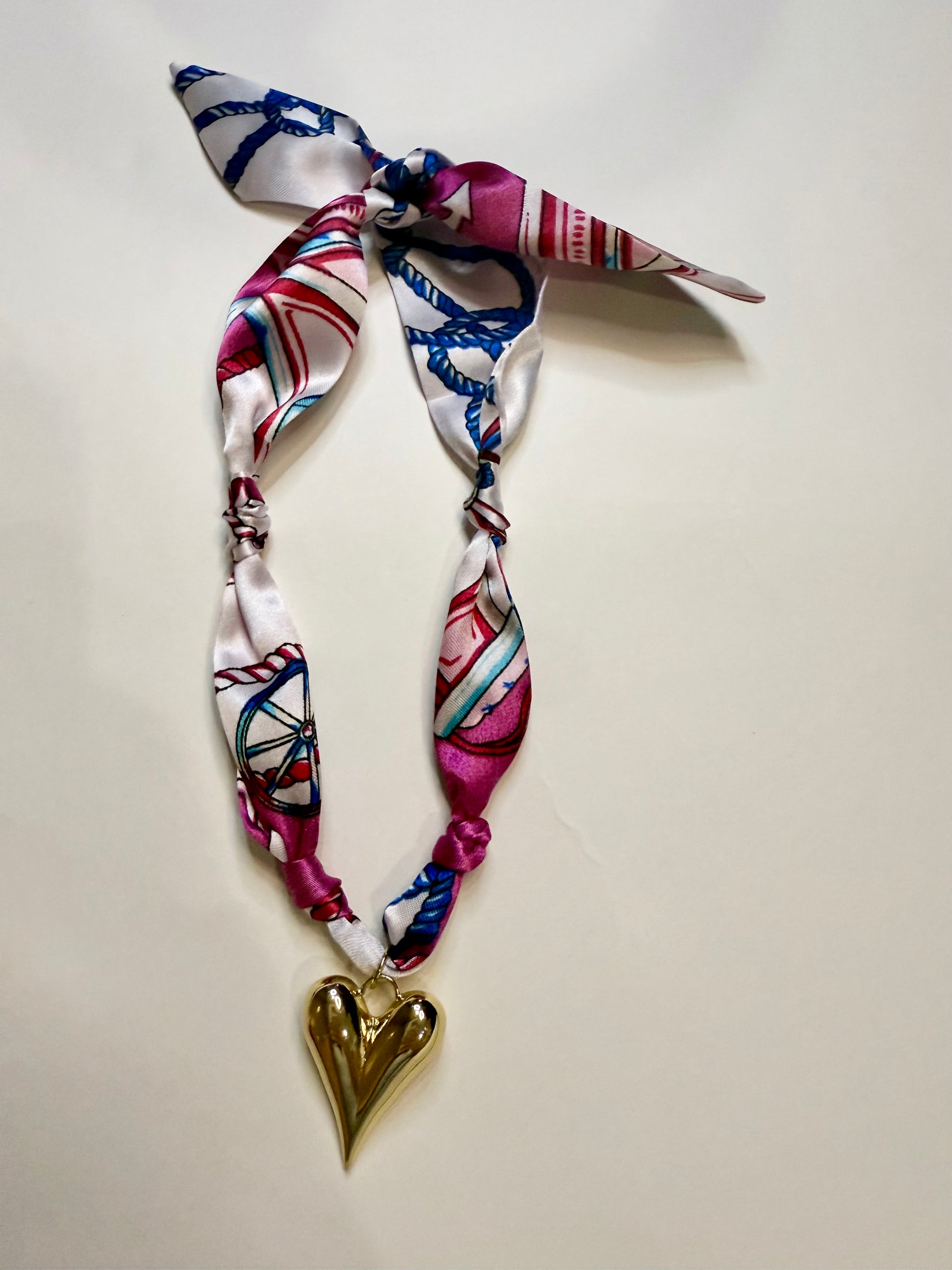 The Gold Plated Heart Scarf Necklace in White, Hot Pink, & Blue Print - Triple Charm Boutique