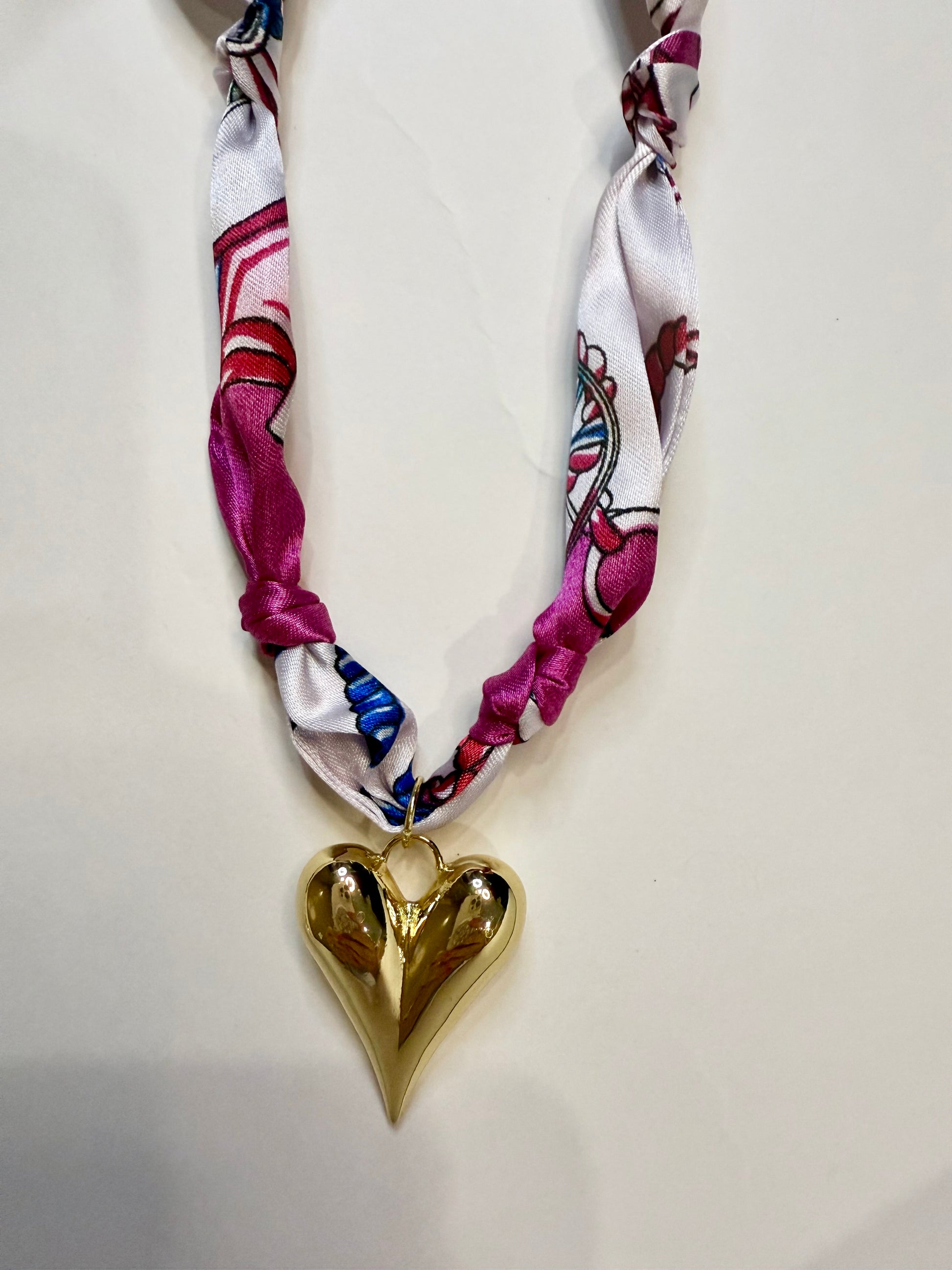 The Gold Plated Heart Scarf Necklace in White, Hot Pink, & Blue Print - Triple Charm Boutique