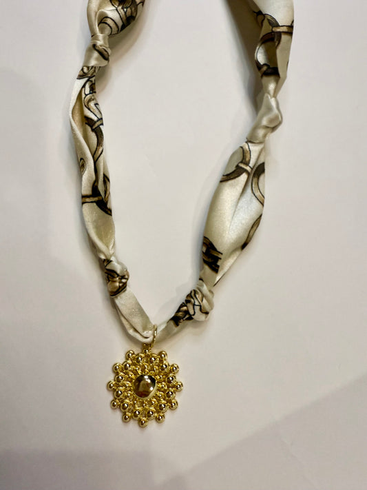 Scarf Gold Plated Flower Necklace in Cream & Brown Print - Triple Charm Boutique