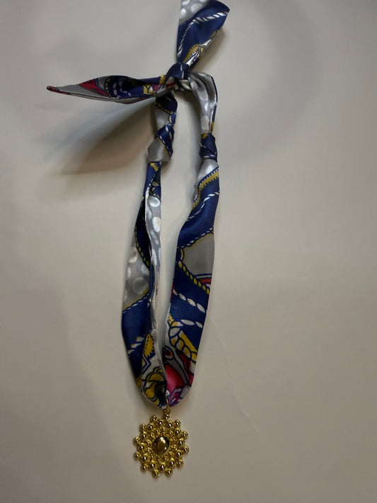 The Gold Plated Flower Scarf Necklace  in White, Pink  & Blue Print - Triple Charm Boutique