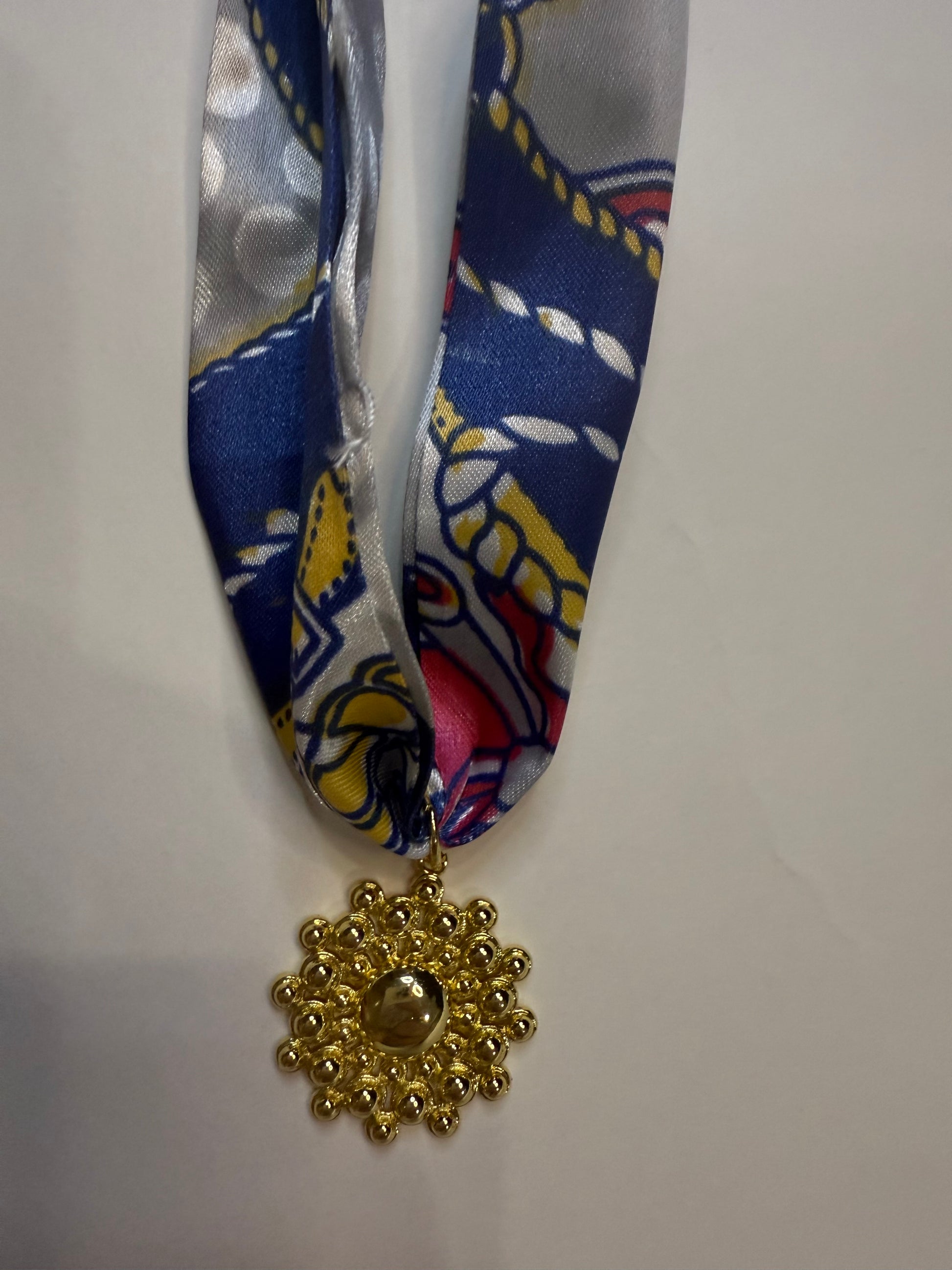 The Gold Plated Flower Scarf Necklace  in White, Pink  & Blue Print - Triple Charm Boutique