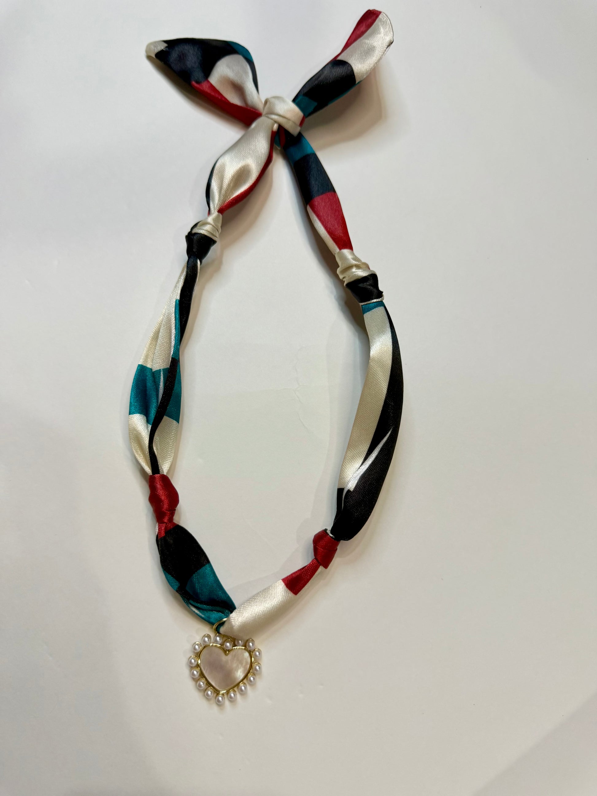 The Pearl Scarf Necklace in Cream, Red & Teal Print - Triple Charm Boutique
