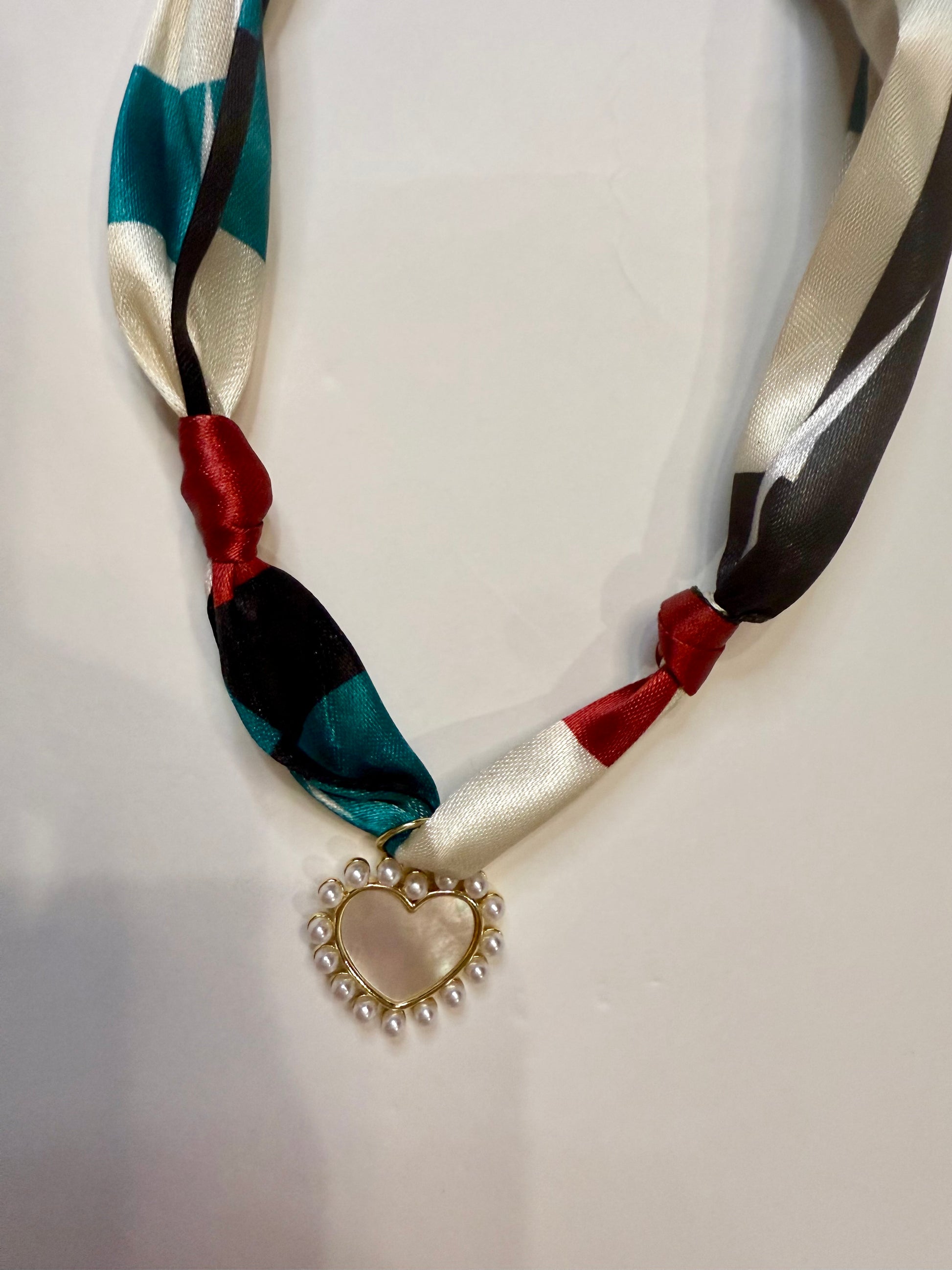 The Pearl Scarf Necklace in Cream, Red & Teal Print - Triple Charm Boutique