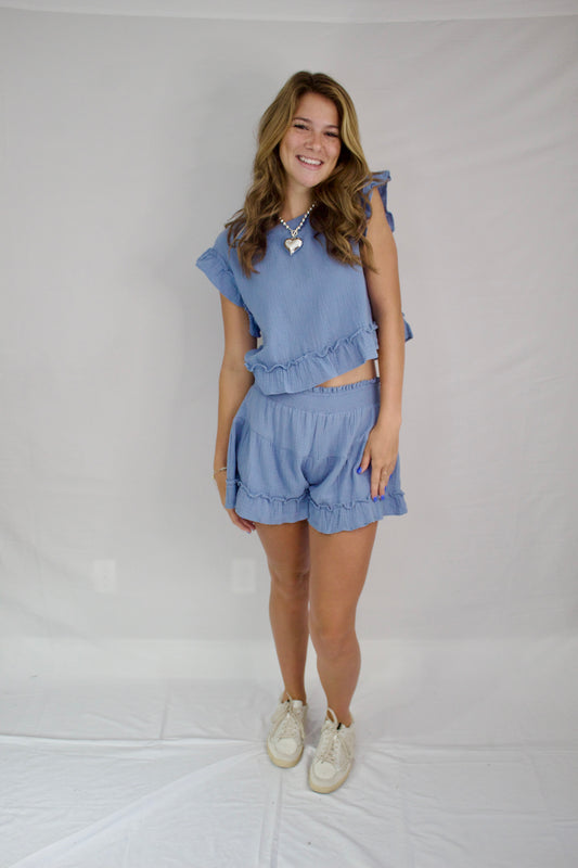The Blue Linen Ruffle Shorts Set