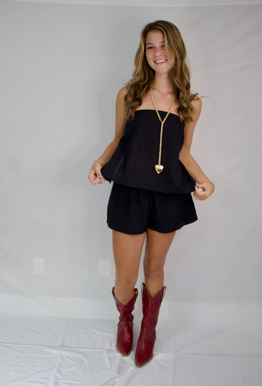 The Black Linen Strapless Bow Shorts Set